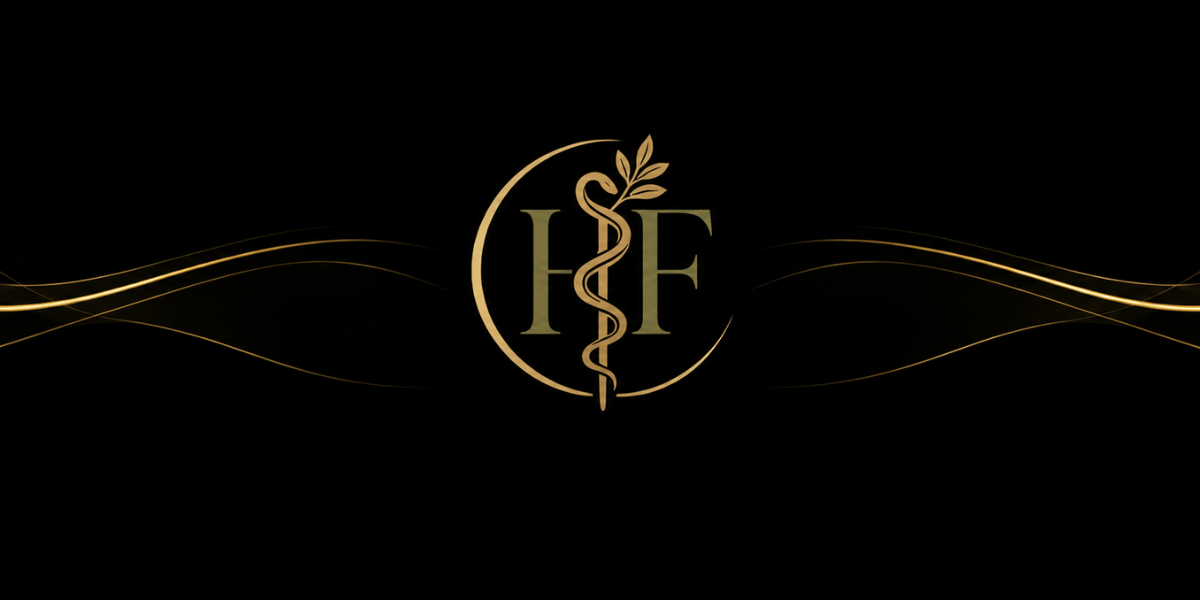 Gold logo featuring a caduceus and elegant lettering on a black background