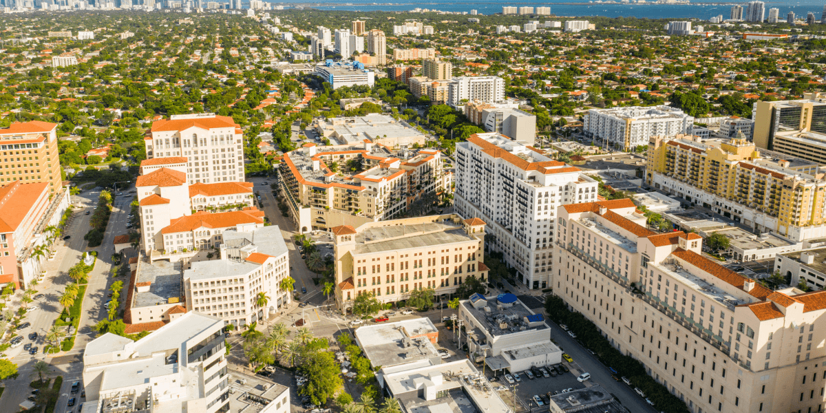 Aerial view of a vibrant urban area with residential and commercial buildings