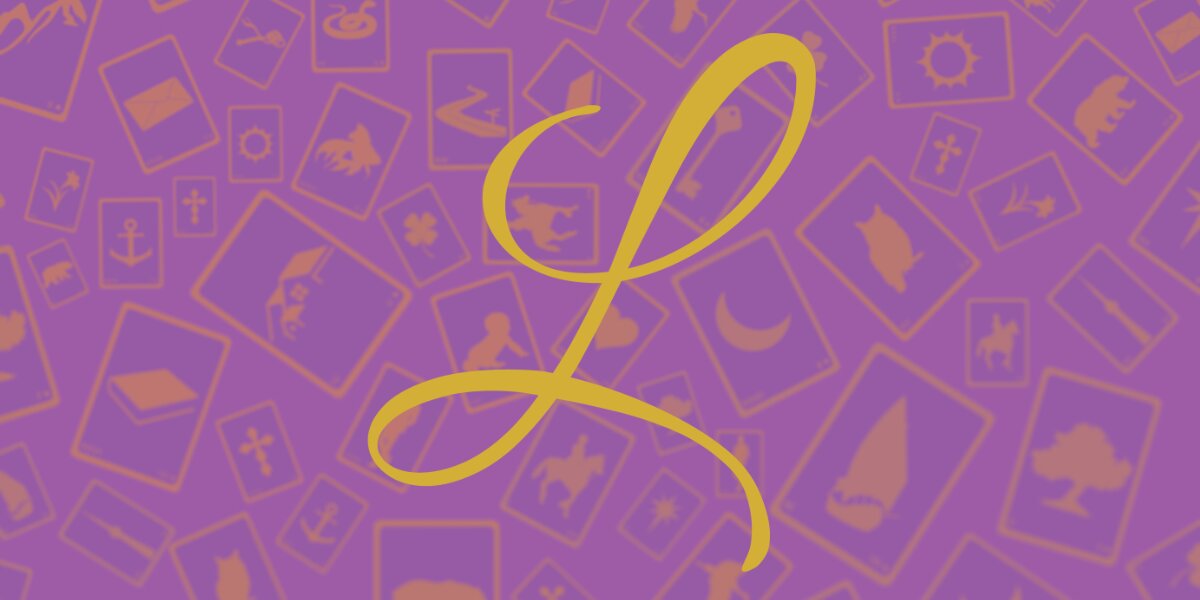 Gold letter L over a purple background with Lenormand card illustrations.