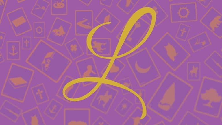 Gold letter L over a purple background with Lenormand card illustrations.