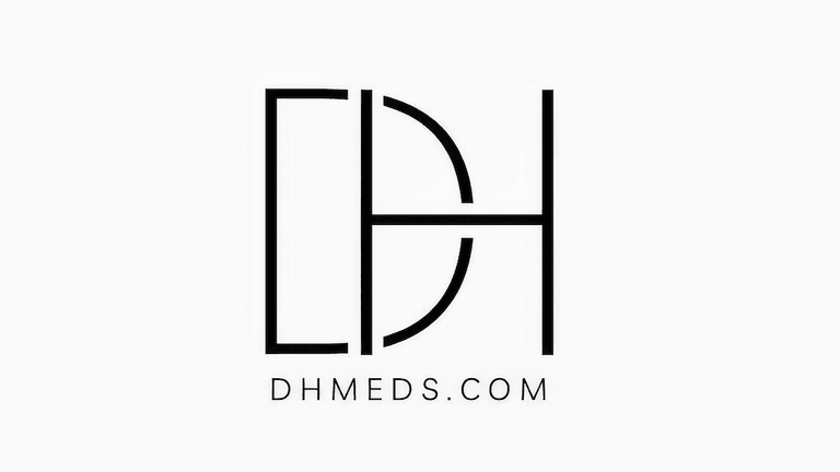 DHmeds logo with stylized DH lettering and website address on a white background.