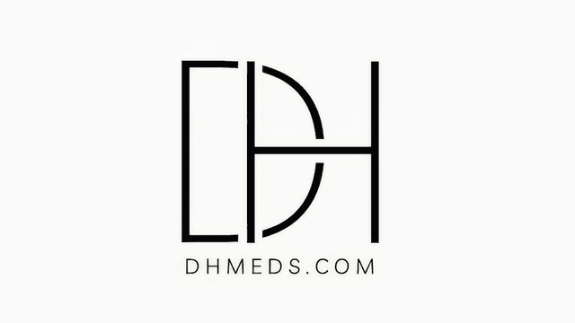 DHmeds logo with stylized DH lettering and website address on a white background.