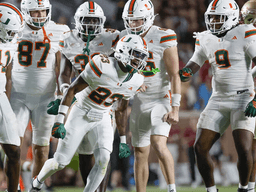 Football players in white jerseys celebrate during a game on the field