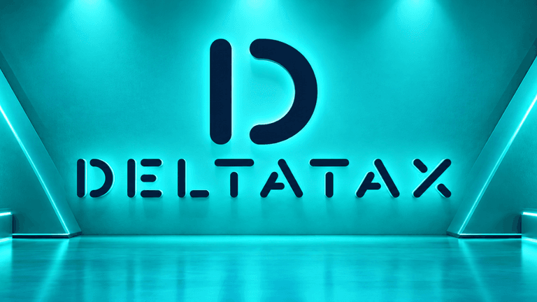 Modern, teal-lit interior featuring the logo "DELTATAX" prominently displayed on the wall