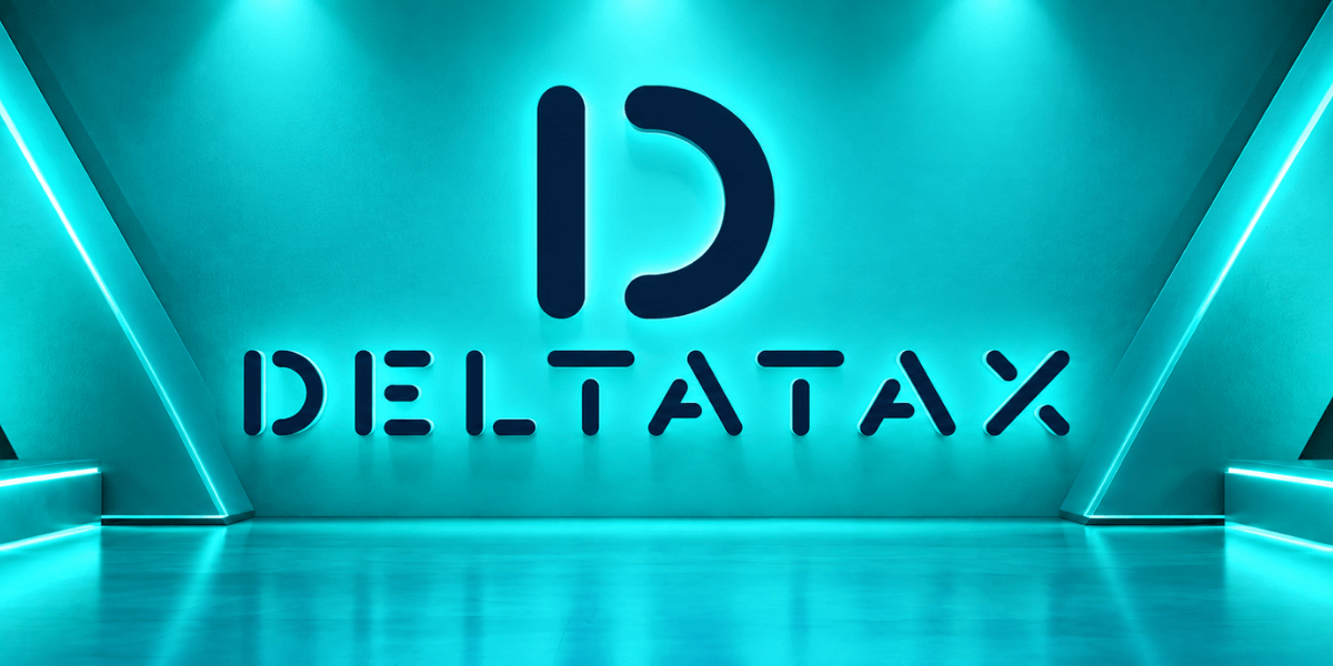 Modern, teal-lit interior featuring the logo "DELTATAX" prominently displayed on the wall
