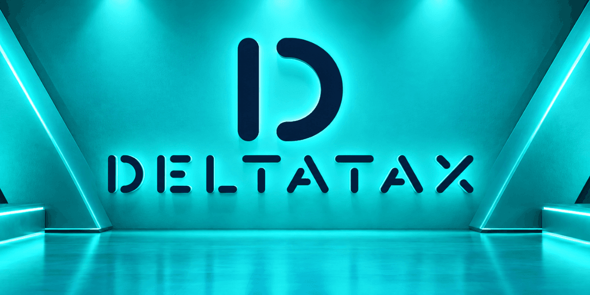 Modern, teal-lit interior featuring the logo "DELTATAX" prominently displayed on the wall