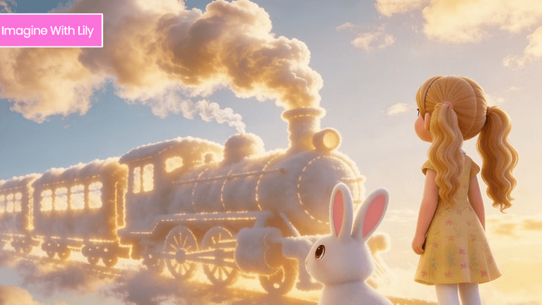 A girl with a bunny watches a whimsical steam train made of clouds.