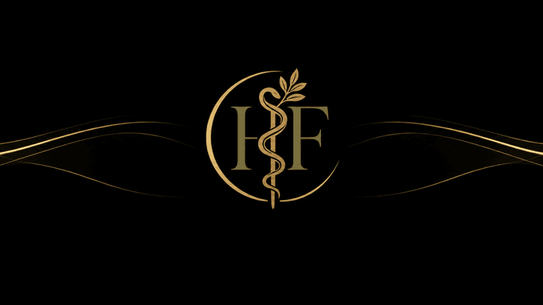 Gold logo featuring a caduceus and elegant lettering on a black background