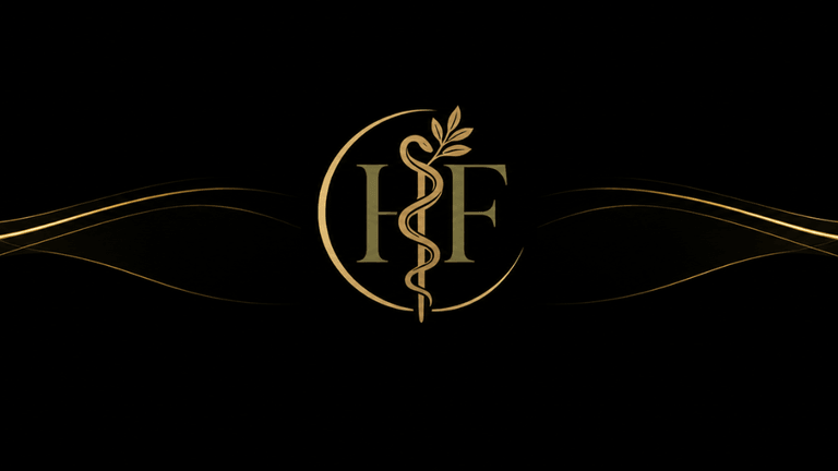 Gold logo featuring a caduceus and elegant lettering on a black background