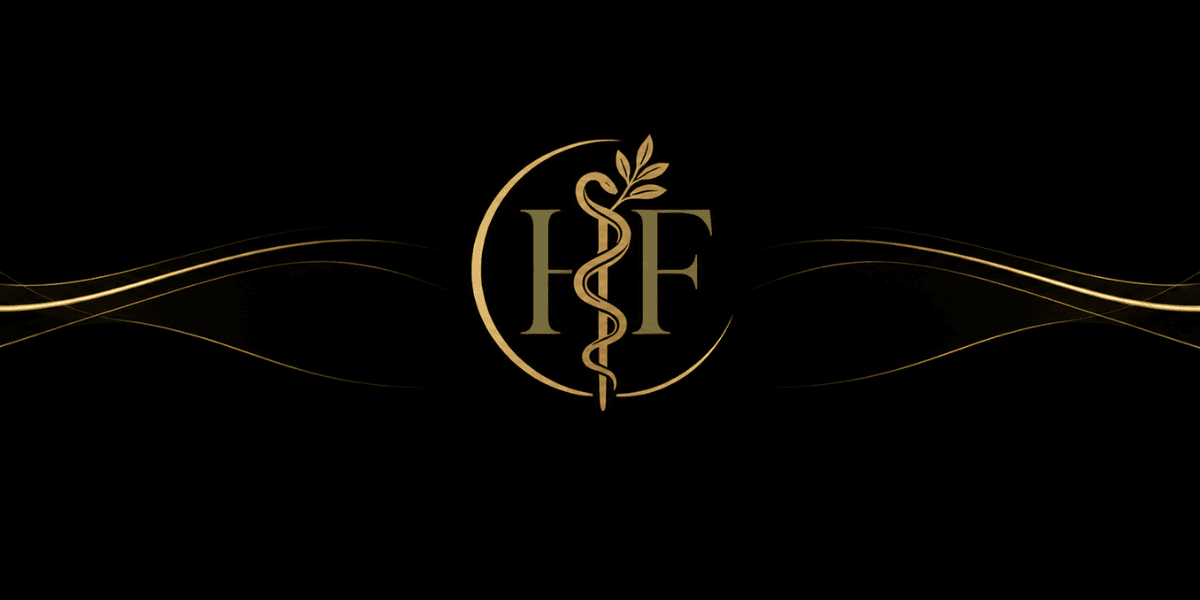 Gold logo featuring a caduceus and elegant lettering on a black background