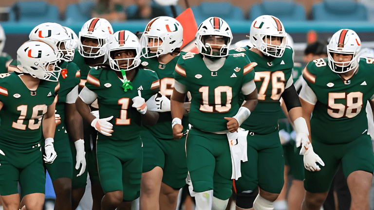 Football team in green uniforms running onto the field together during a game