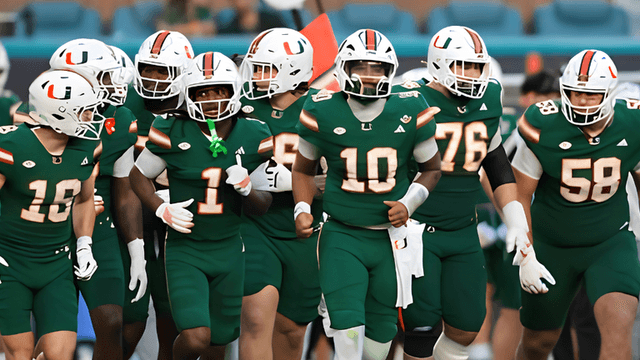 Football team in green uniforms running onto the field together during a game