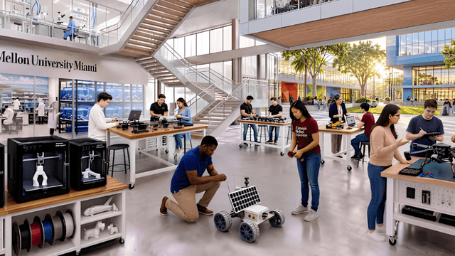 Students working on robotics projects in a modern laboratory at Carnegie Mellon University Miami