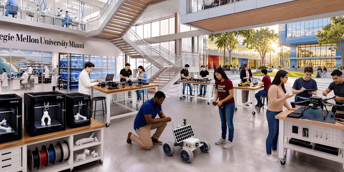 Students working on robotics projects in a modern laboratory at Carnegie Mellon University Miami