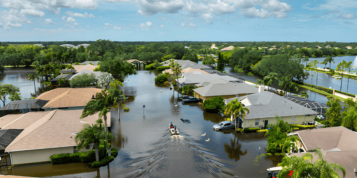 Aerial view of flooded suburban neighborhood with submerged houses and boats navigating the water