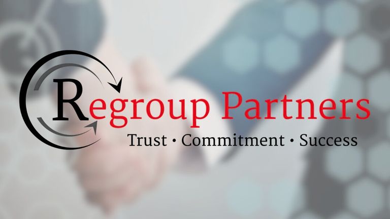 Logo of Regroup Partners with the words "Trust · Commitment · Success" over a blurred background of a handshake.