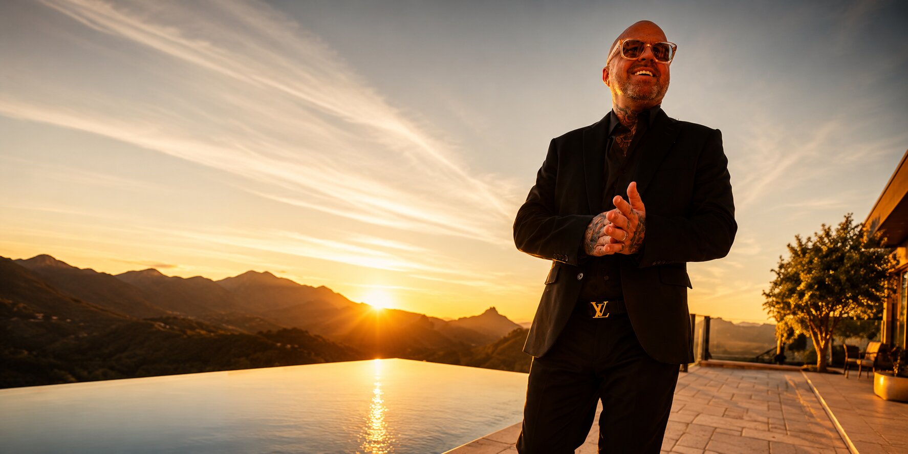 A suited man stands by a pool at sunset, symbolizing the rise of Brandon Johns and the "Brandon From Georgia" brand.