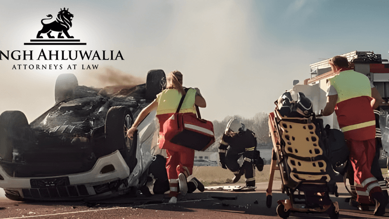 Emergency responders assist at a car accident scene, with Singh Ahluwalia Attorneys at Law logo, offering legal support