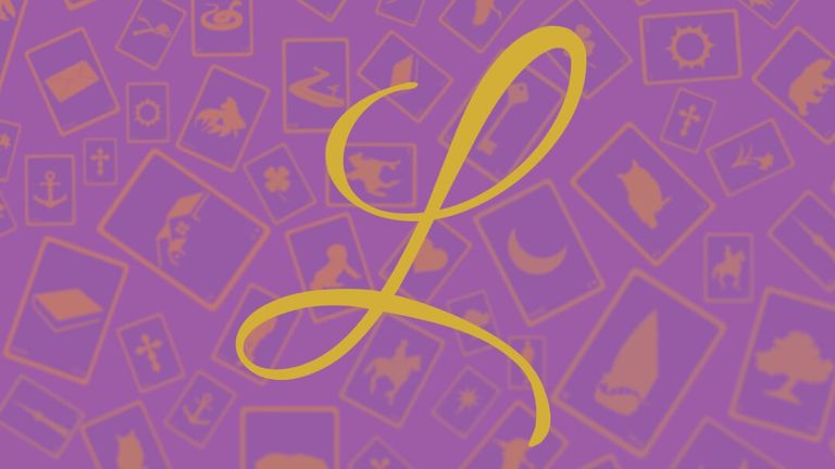 Gold letter L over a purple background with Lenormand card illustrations.