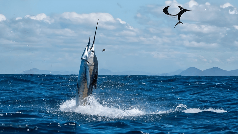A marlin leaps from the ocean, showcasing its power and grace.