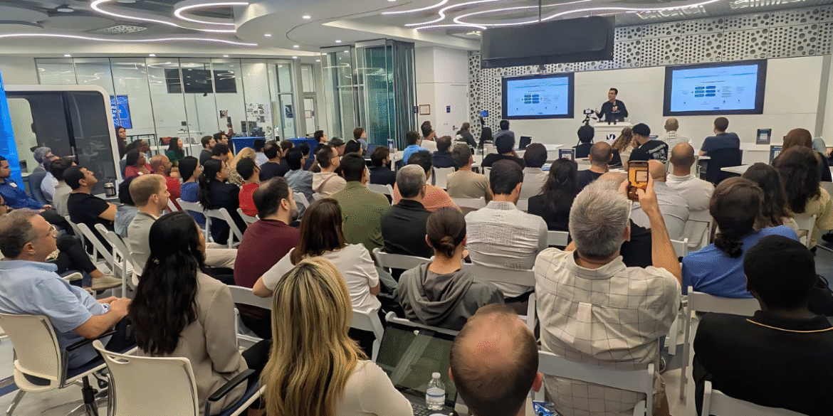 A packed audience at Vibe Days event in Miami, showcasing collaboration between AI, entrepreneurship, and creative industries, sponsored by Open Access Ventures.