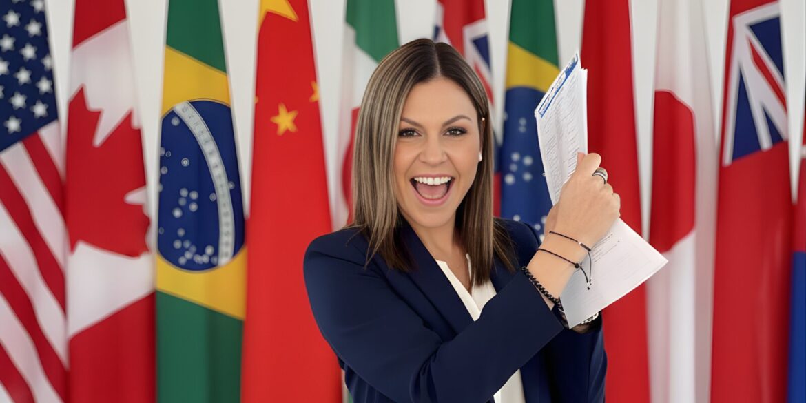 A woman celebrating with a document in hand, standing in front of international flags, representing IA Academy's global reach.