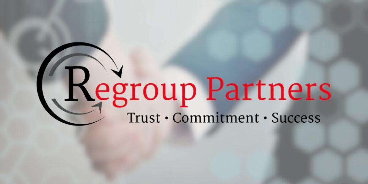Logo of Regroup Partners with the words "Trust · Commitment · Success" over a blurred background of a handshake.