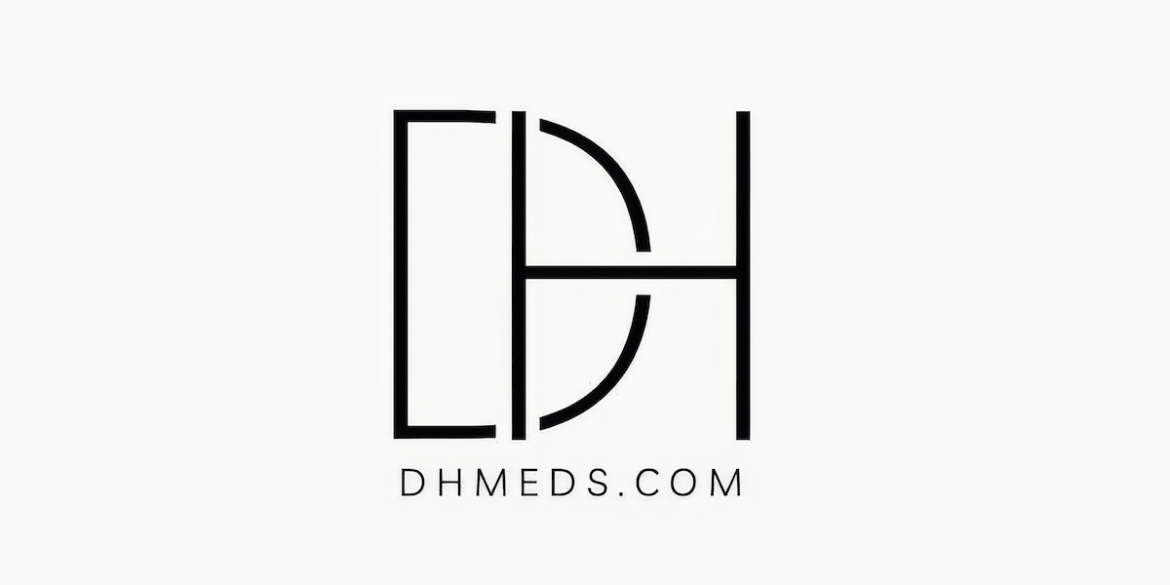 DHmeds logo with stylized DH lettering and website address on a white background.