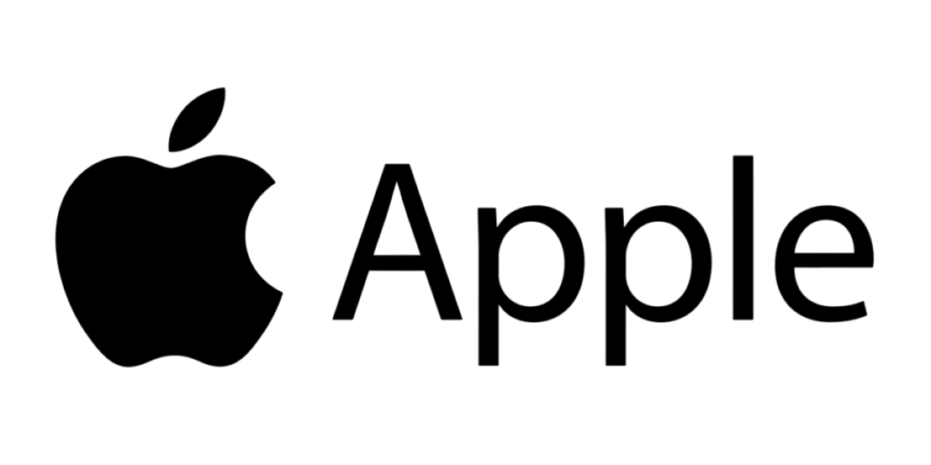 Apple black logo and wordmark on a white background.