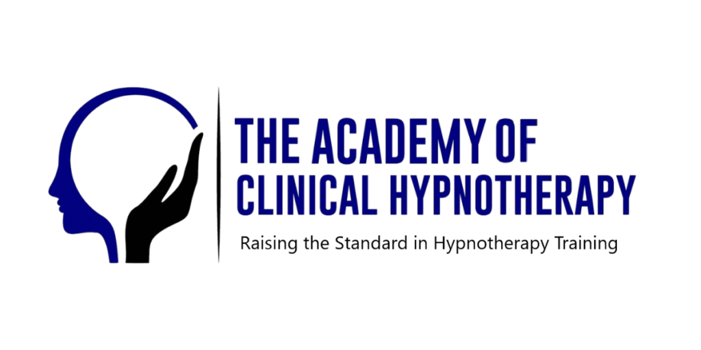 Academy of Clinical Hypnotherapy logo with head silhouette, hand graphic, and training tagline.