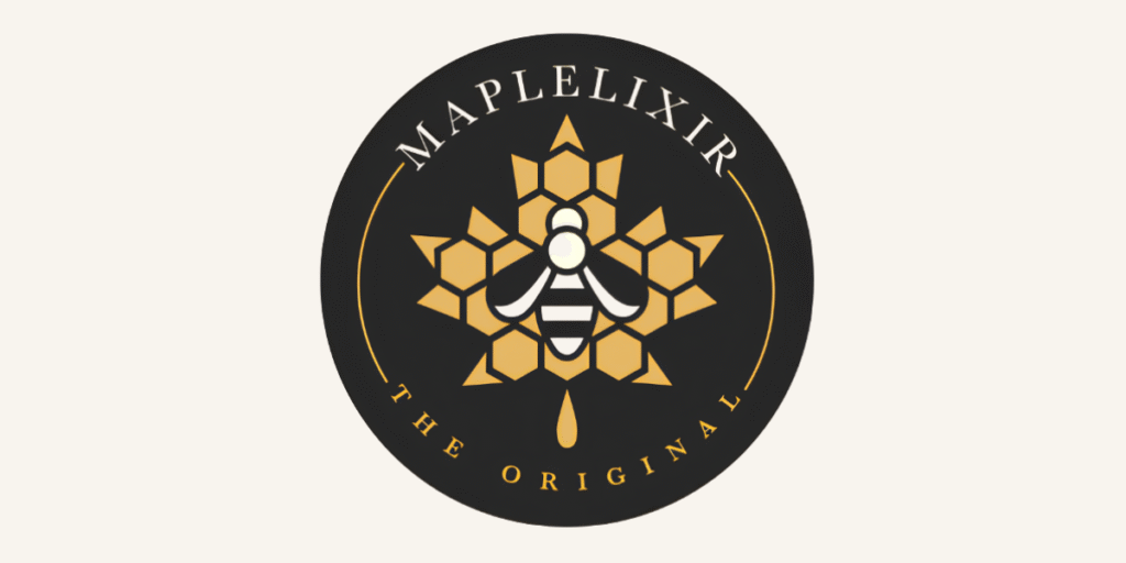 Maplelixir circular black and gold logo featuring a bee, honeycomb design, and “The Original” text.