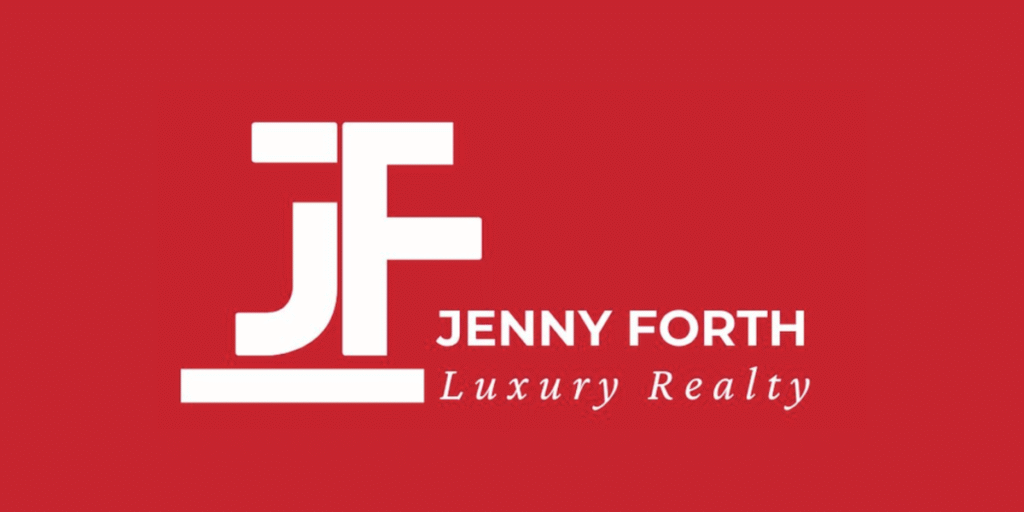 Jenny Forth Luxury Realty white logo and lettering displayed on a red background.
