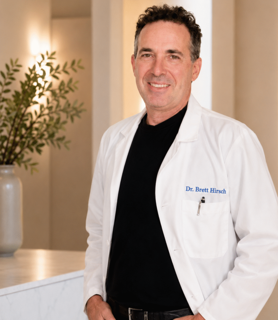 Dr. Brett S. Hirsch wearing a white medical coat in a clinical office setting.