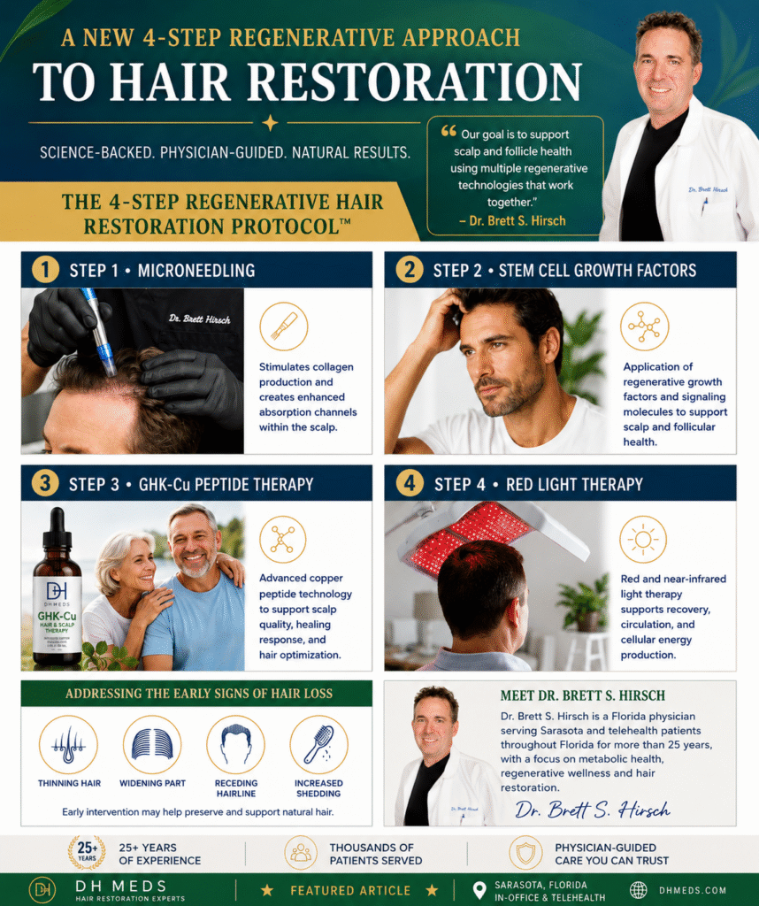 Infographic outlining DHmeds' four-step regenerative hair restoration protocol with Dr. Brett S. Hirsch.