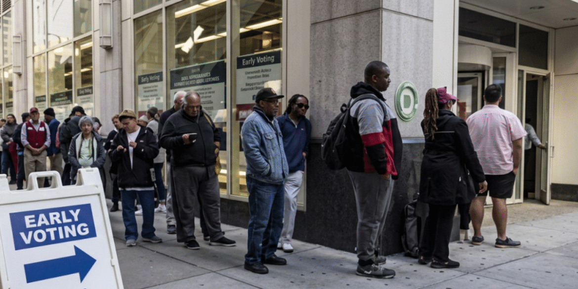 Voters wait in line outside an early voting location with a directional sign in the foreground.