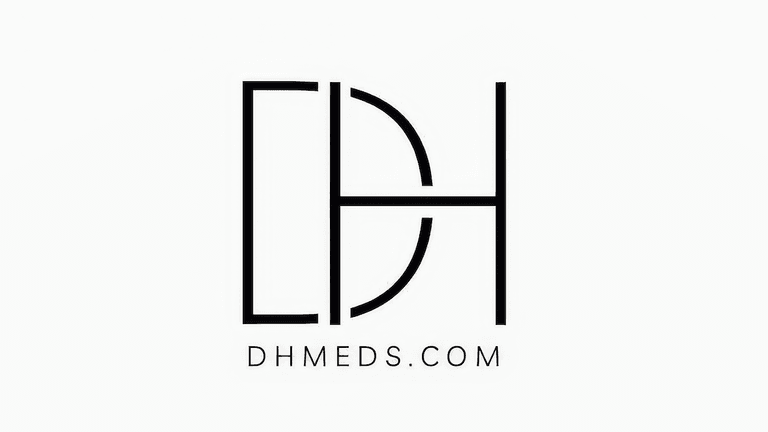 DHmeds logo with stylized DH lettering and website address on a white background.