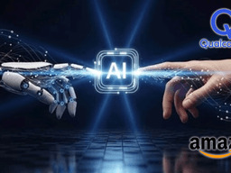 A robotic hand and a human hand reaching towards an AI symbol with logos of Qualcomm and Amazon