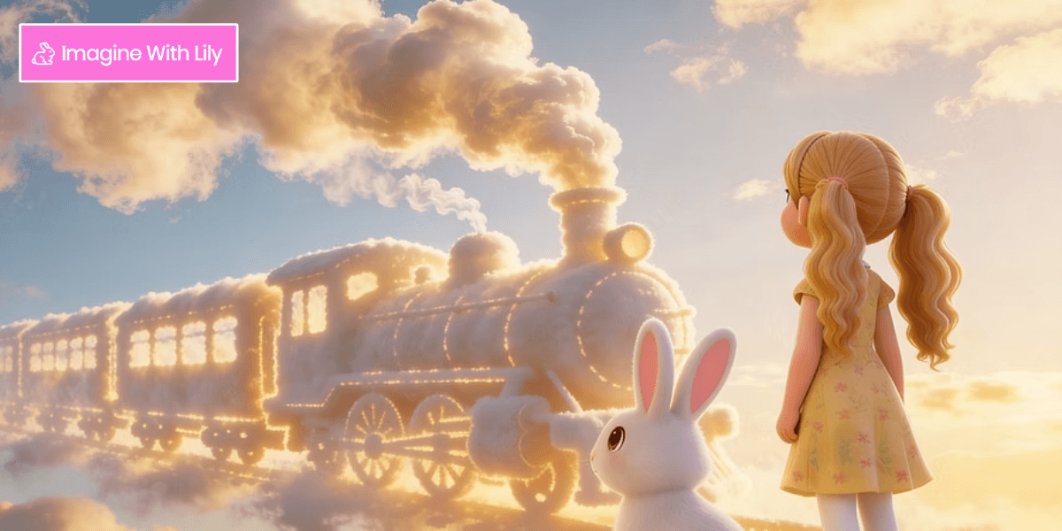 A girl with a bunny watches a whimsical steam train made of clouds.