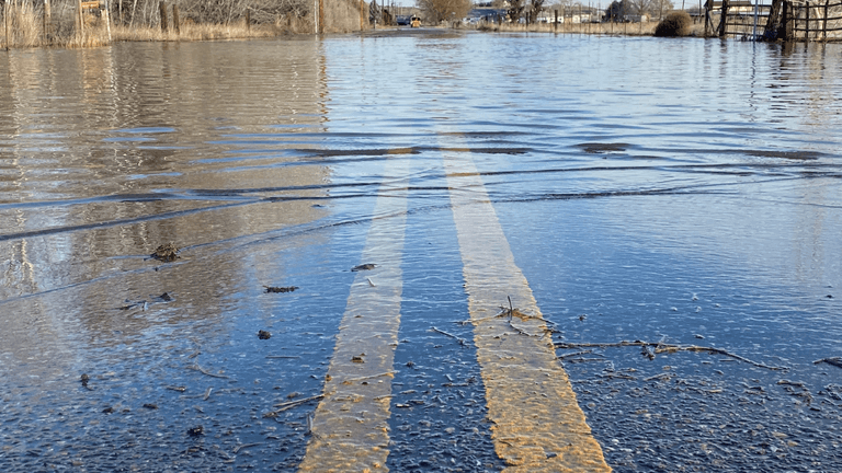 Flooded road with water covering lane markings surrounded by sparse vegetation and buildings